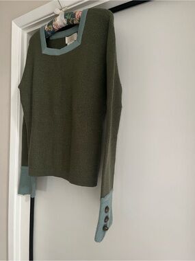 Sara Berman Olive Green Sweater with Seafoam Trim